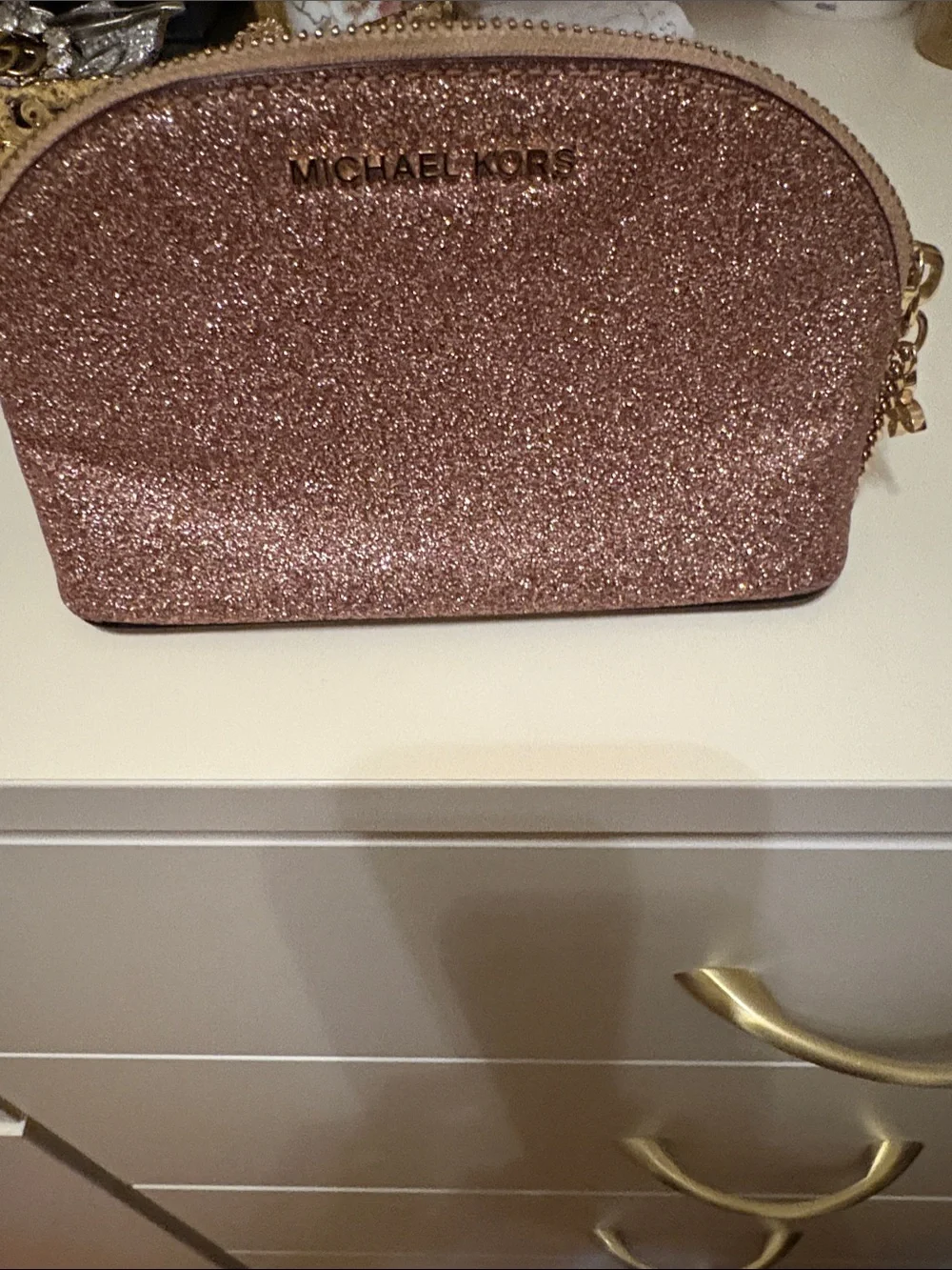 MICHAEL KORS Rose Gold Glitter Dome Cosmetic Pouch